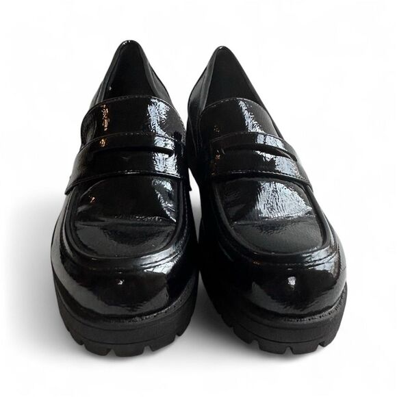 Black Chunky Platform Patent Leather Penny Loafers Women’s Sz 9 Slip On Lug Sole - Picture 3 of 13